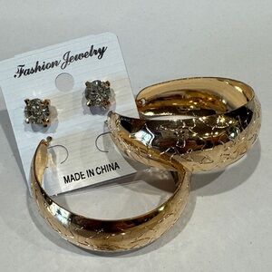 Rose Gold Fashion Hoop Earrings and Crystal Stud Set.  NWT